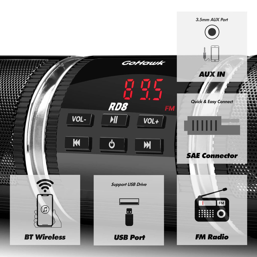 Speaker control panel with red LED screen, FM, AUX in, USB, and Bluetooth icons