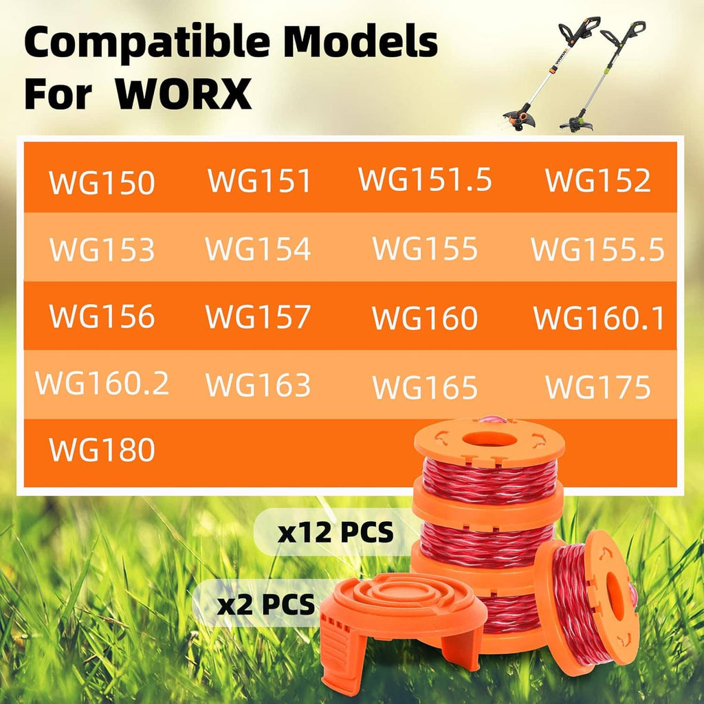 Compatibility chart with orange-and-red trimmer line spools for Worx models