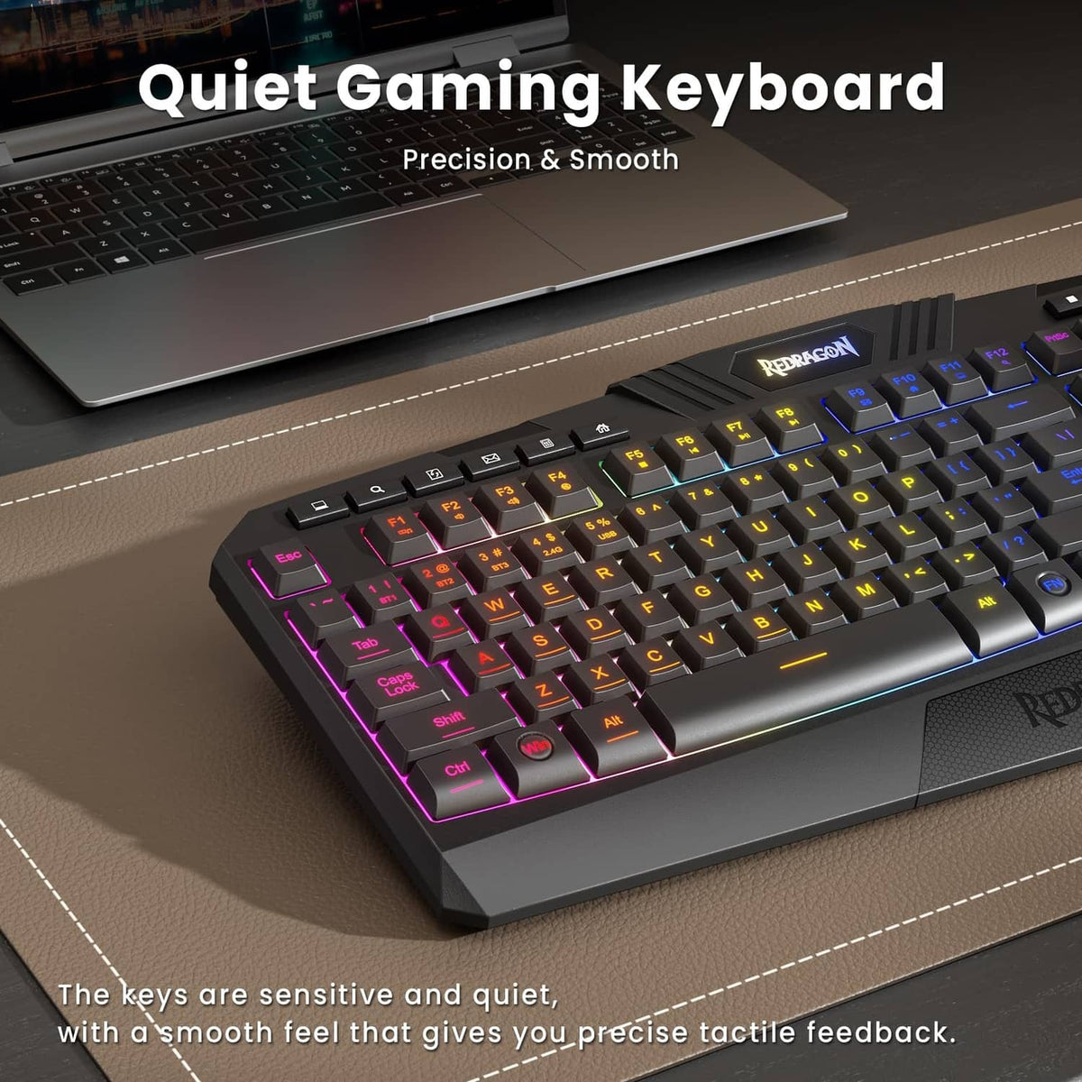 Quiet gaming keyboard with RGB keys, black keyboard with rainbow backlighting