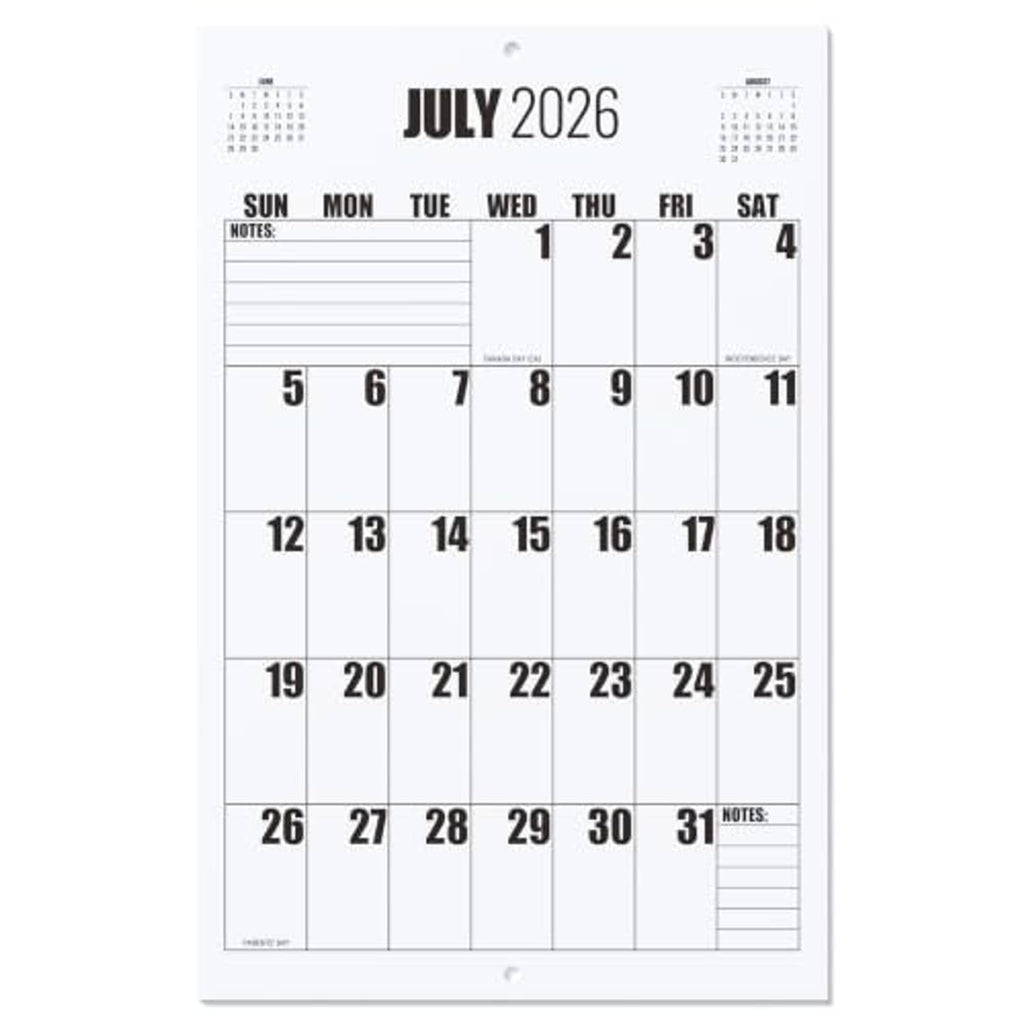 Wall calendar page with July 2026 grid layout, date numbers, and notes area