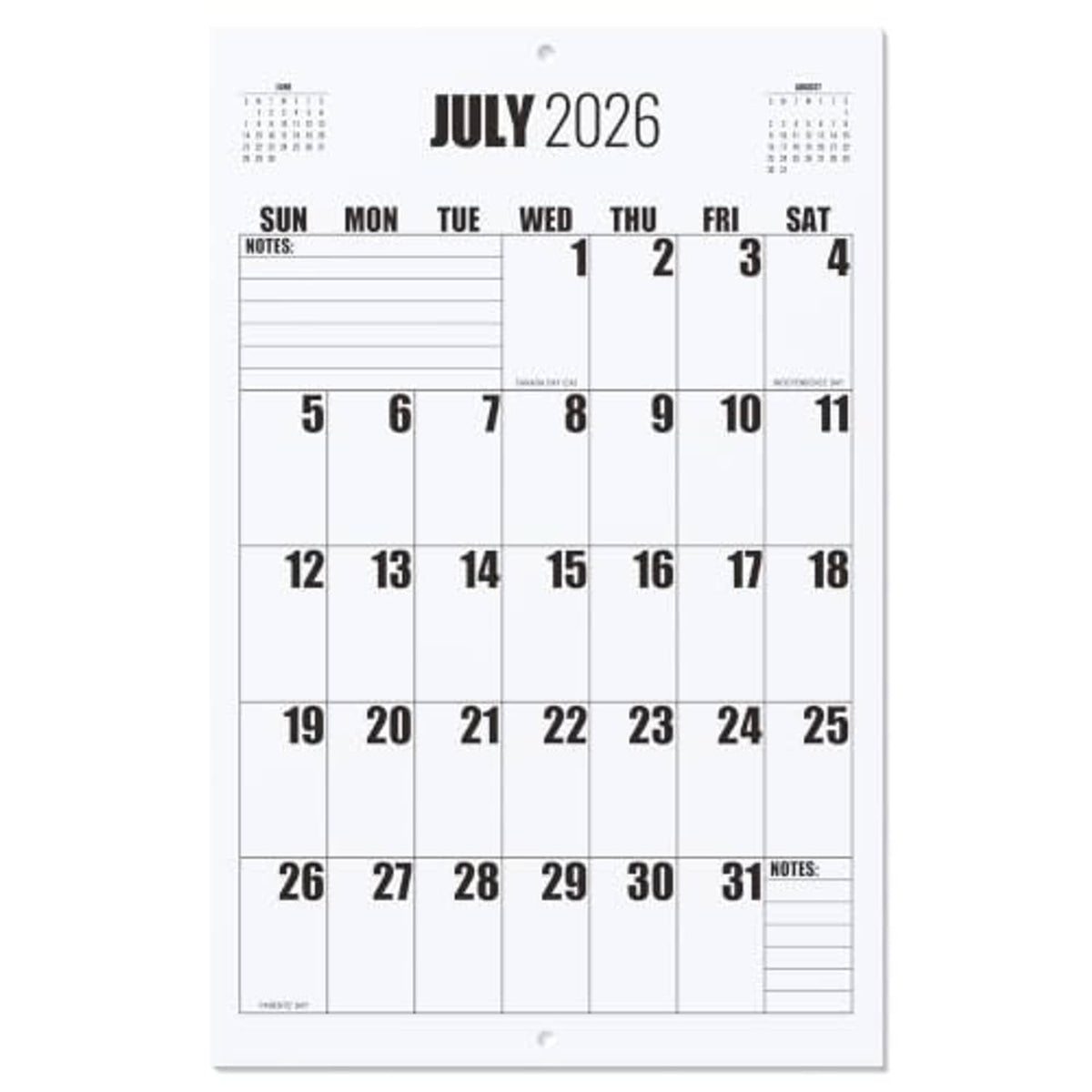 Wall calendar page with July 2026 grid layout, date numbers, and notes area