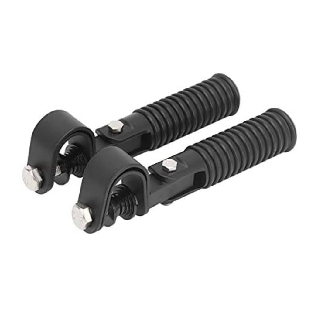Pair of black motorcycle foot pegs with ribbed rubber pads and clamp brackets