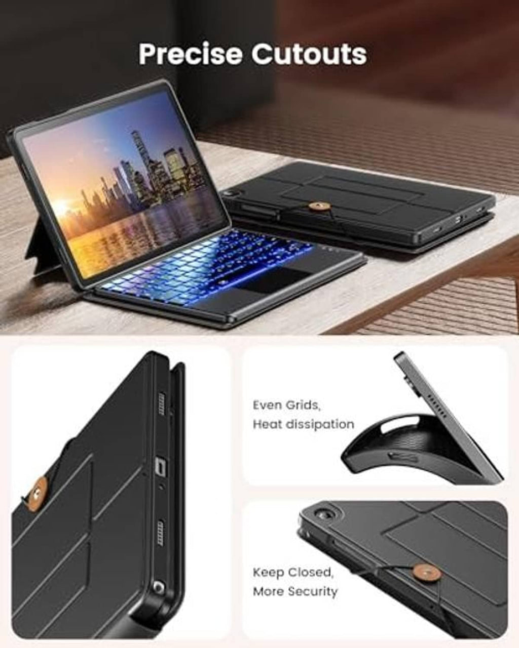 Black tablet keyboard case with glowing backlit keyboard and side cutouts