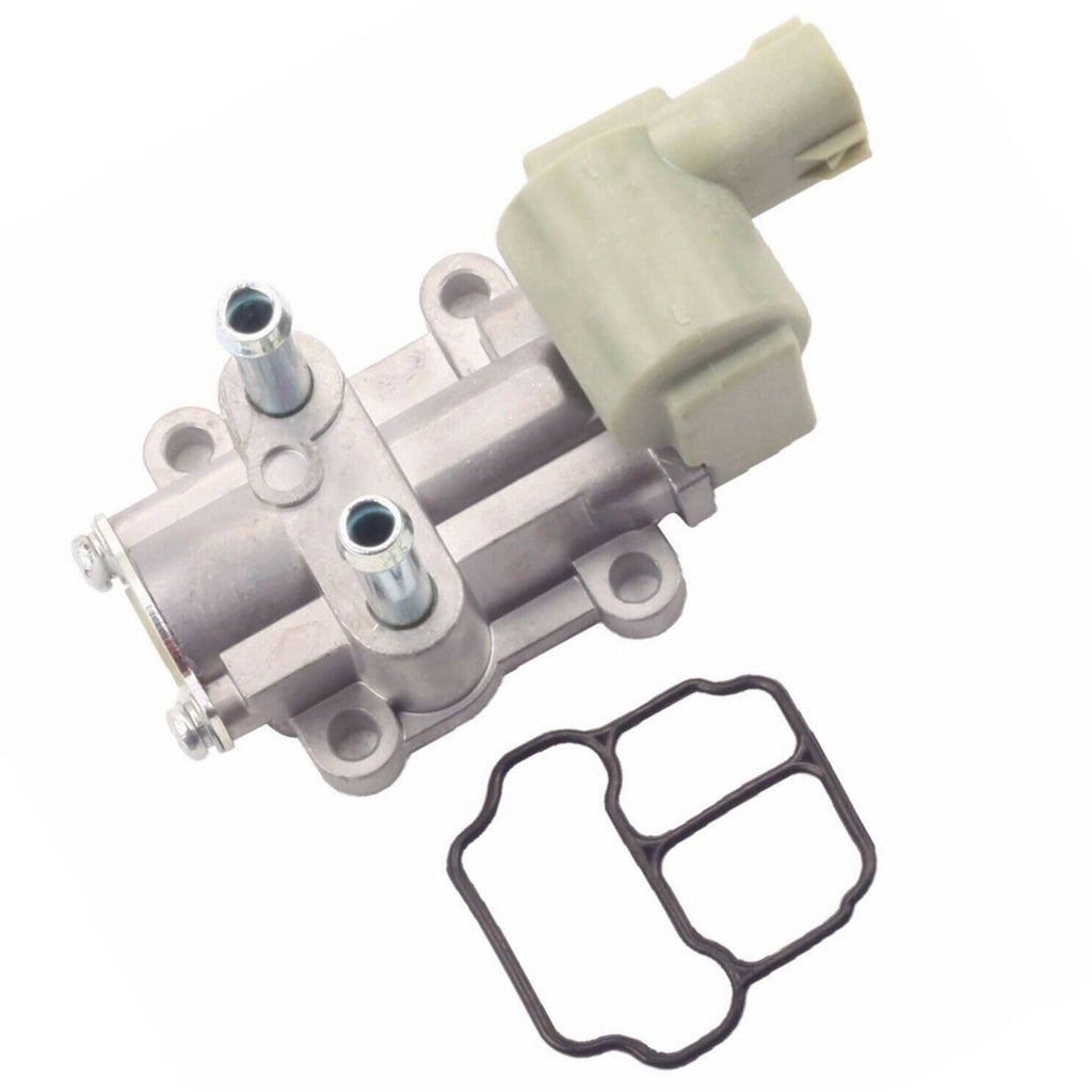 Idle air control valve with attached black gasket pair and beige top electrical connector