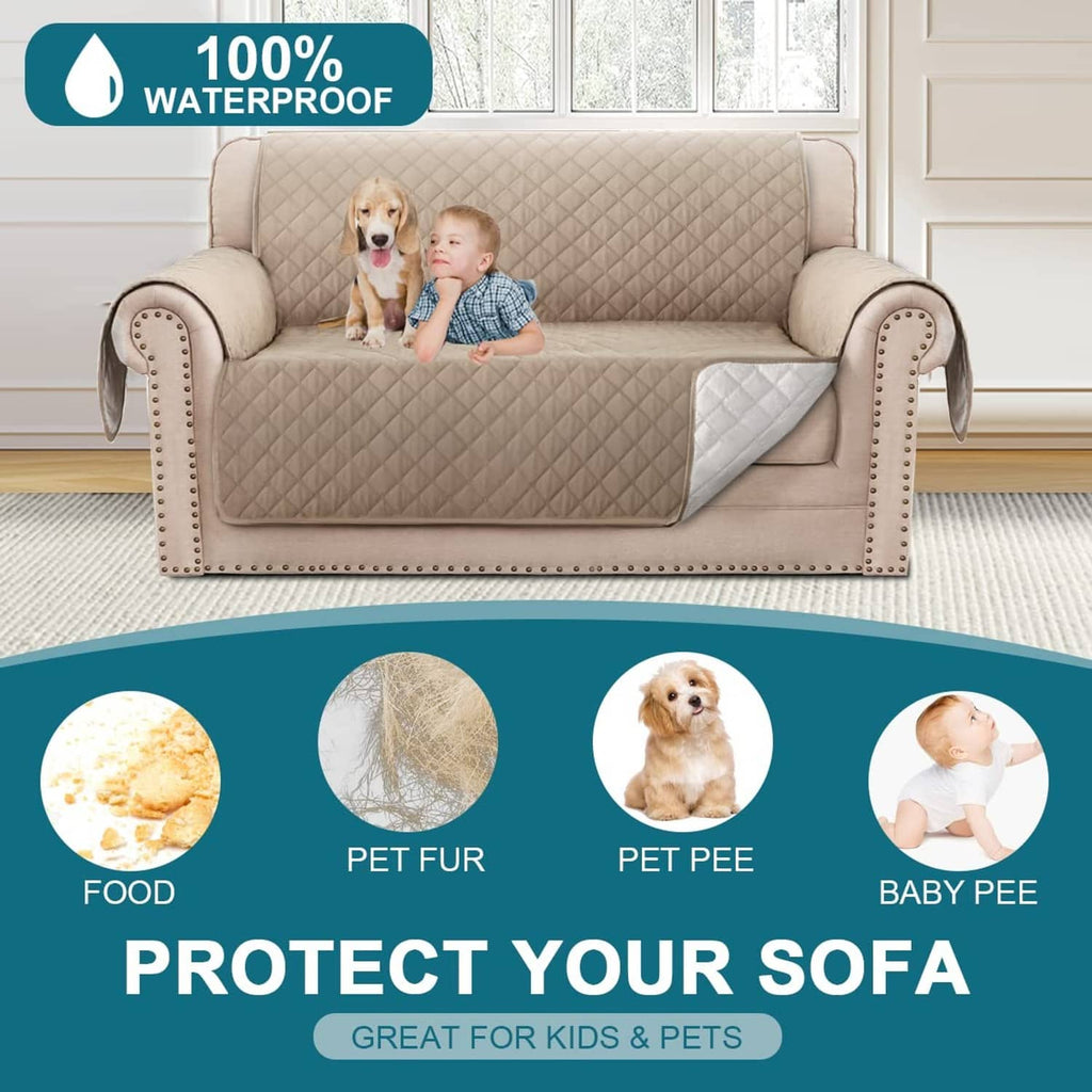 Khaki quilted loveseat sofa cover fitted over sofa seat and arms