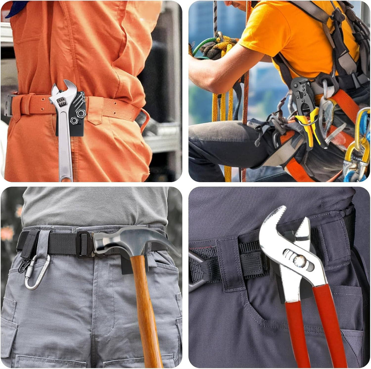 Magnetic belt holster clips on workwear, tools attached across multiple views