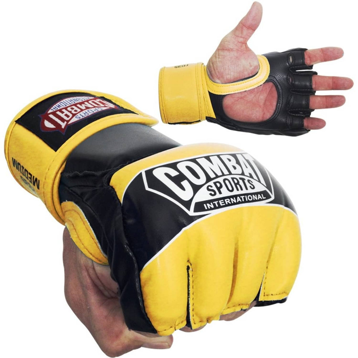 Youth boxing gloves with open palm grip, black and yellow full padding.