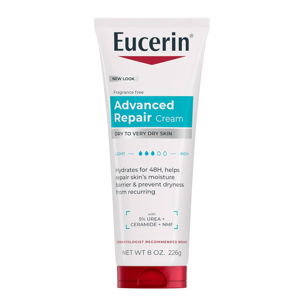 Eucerin Advanced Repair Cream tube for dry skin, white with red base