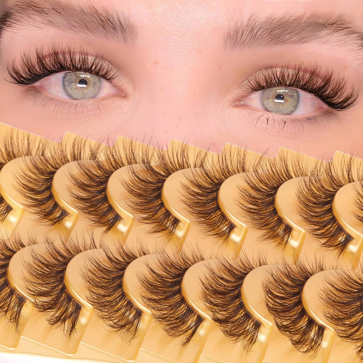 Brown wispy cat-eye strip lashes with fluffy volume for a natural look