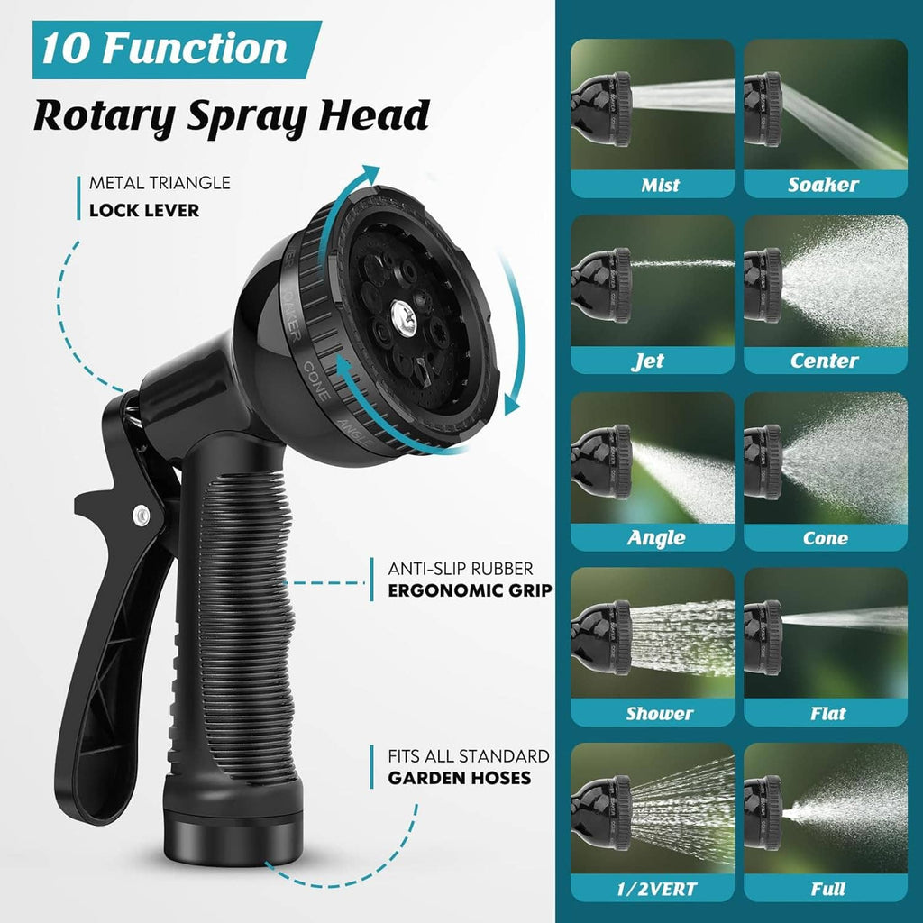 Black rotating spray nozzle with anti-slip ergonomic grip and multiple spray modes