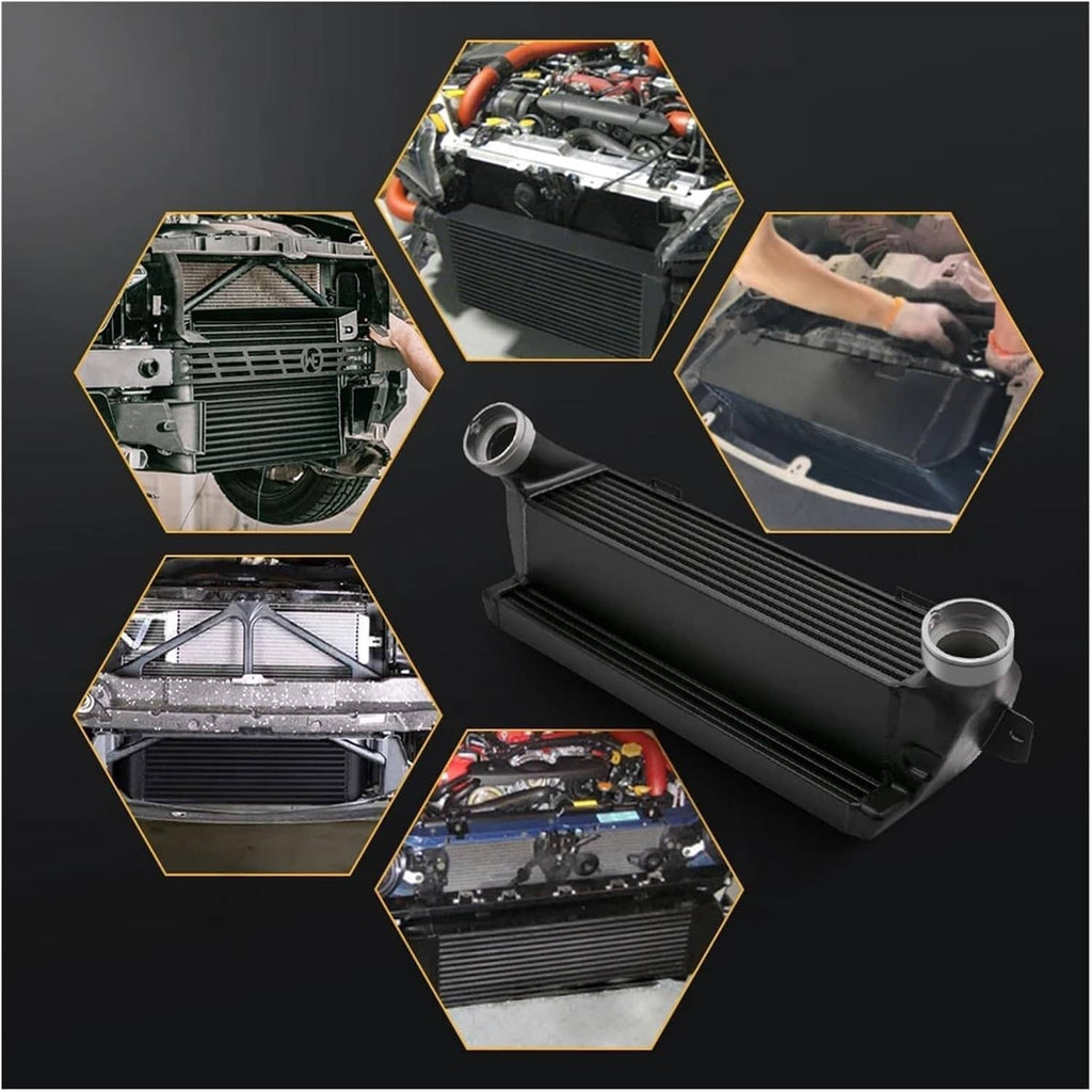Front-mount intercooler kit shown in multiple views with black core and end tanks