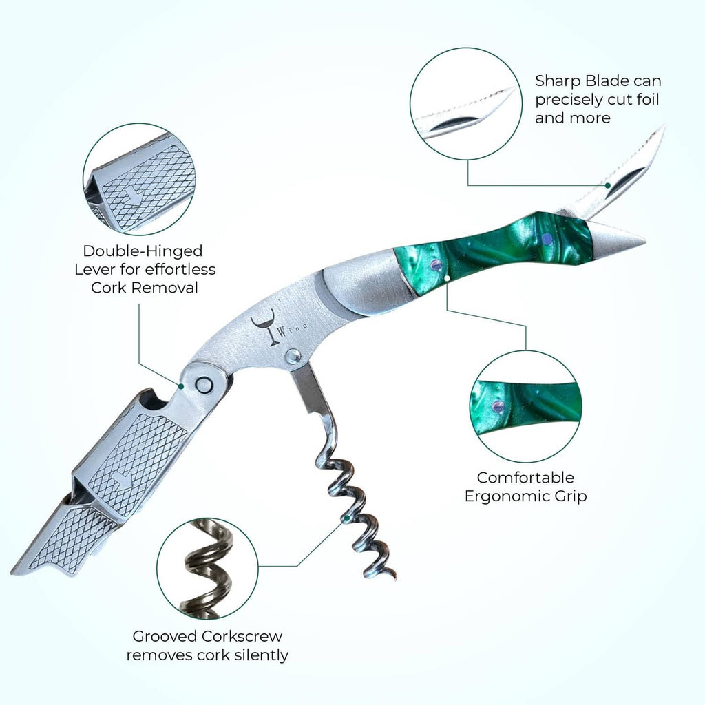 Jade-green stainless wine corkscrew with sharp blade and ergonomic grip