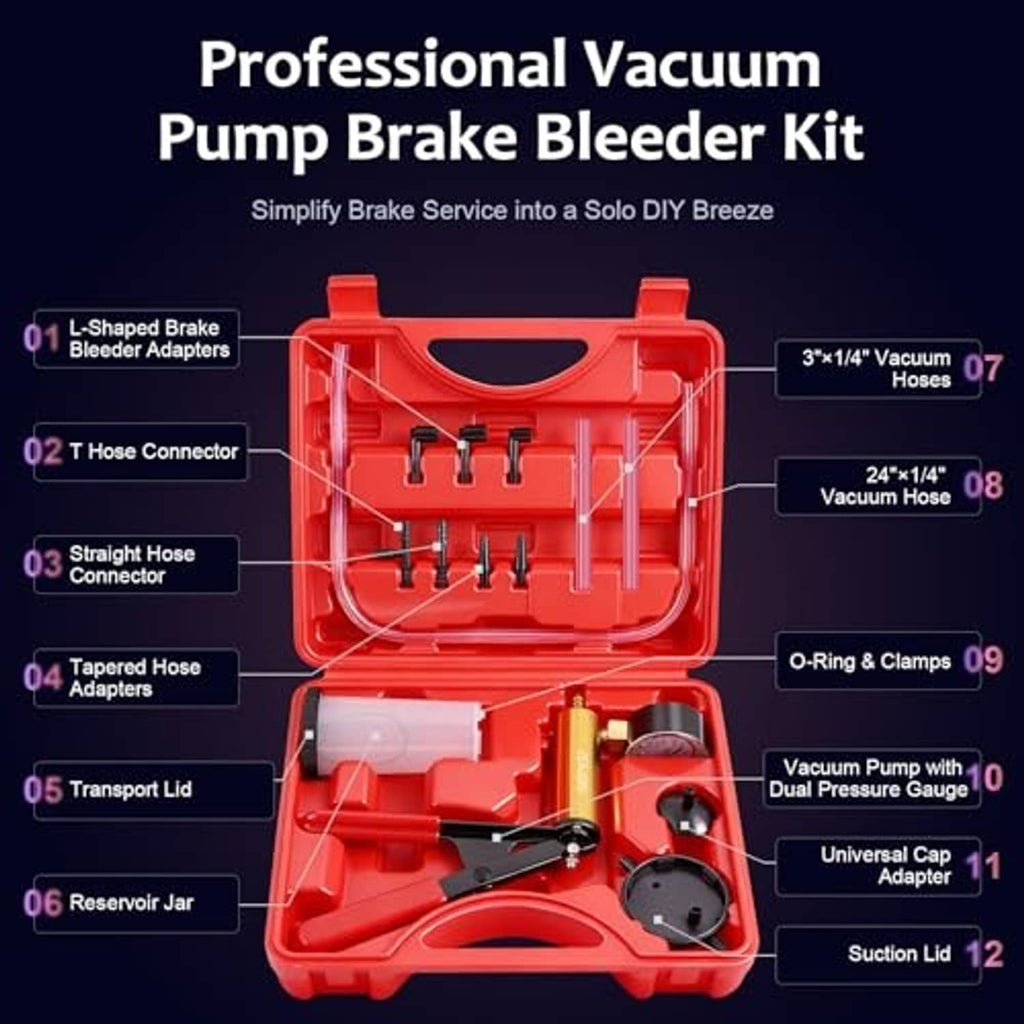 Red brake vacuum pump brake bleeder kit with pressure gauge and vacuum hoses