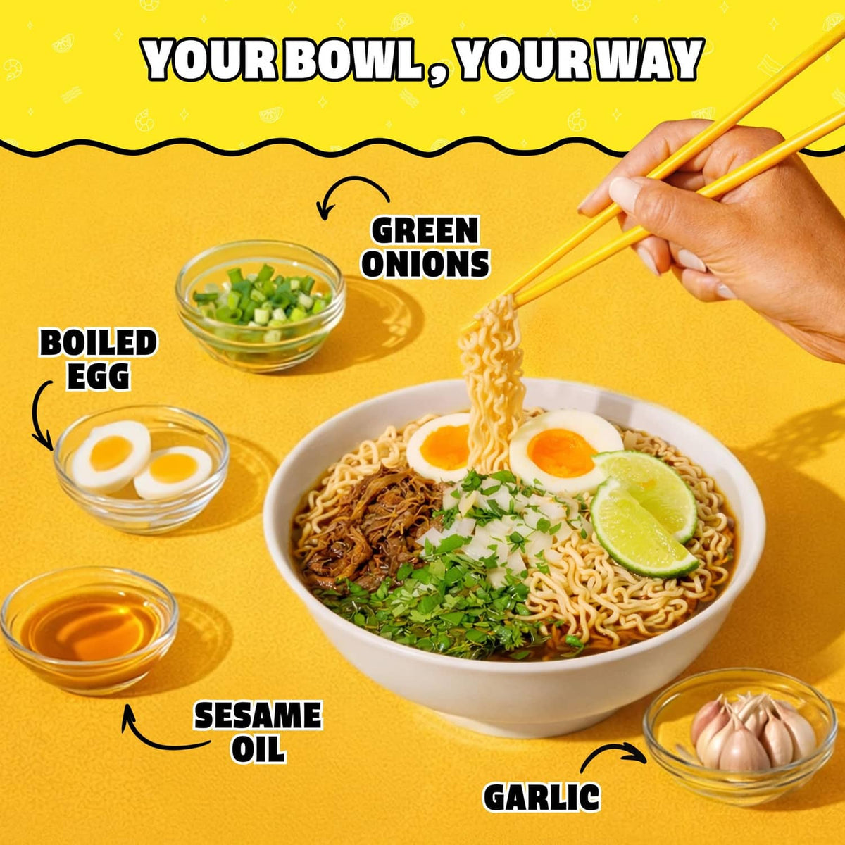 Maruchan soy sauce ramen noodle soup bowl with green onions, egg, garlic, and sesame oil