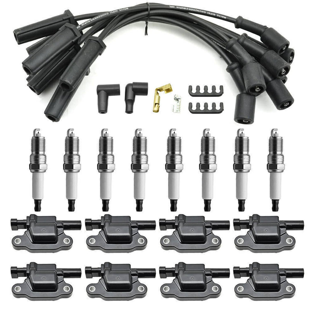 Ignition coil, spark plug, and wire kit with hardware and brackets