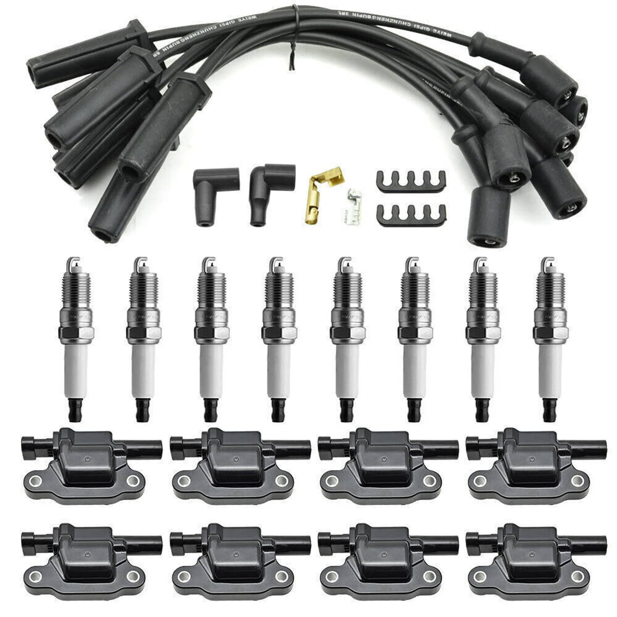 Ignition coil, spark plug, and wire kit with hardware and brackets