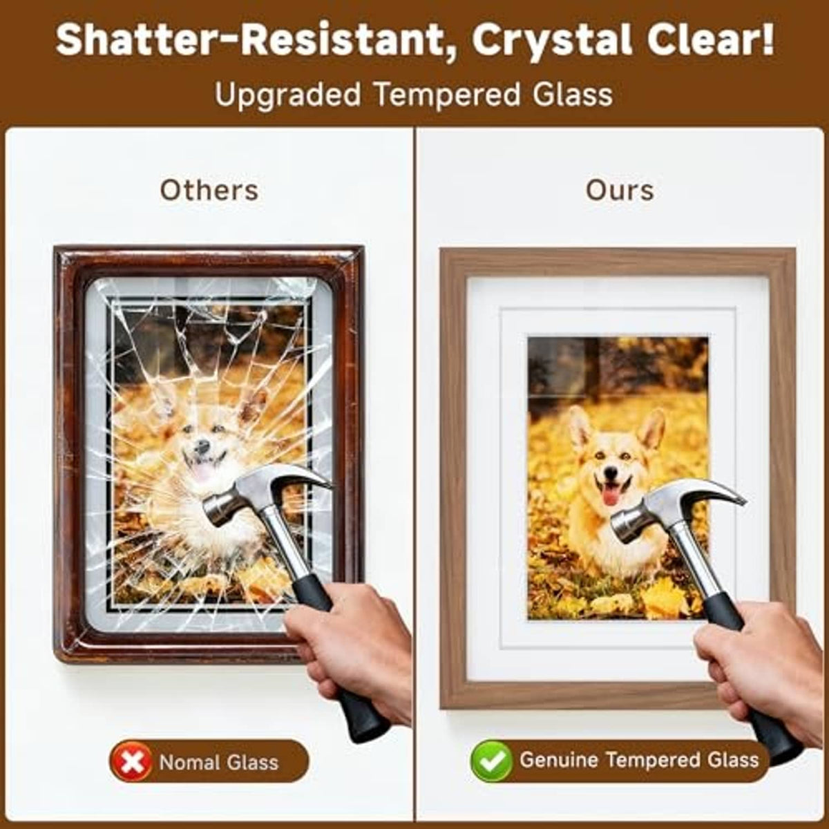 Walnut wood picture frame with clear tempered glass protecting artwork