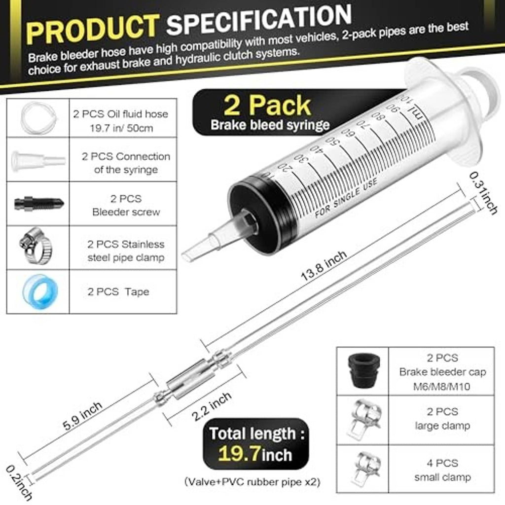 Brake bleeder syringe kit with hose, clamps, and rubber tape shown with measurements