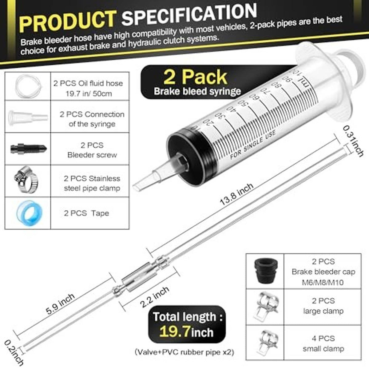 Brake bleeder syringe kit with hose, clamps, and rubber tape shown with measurements