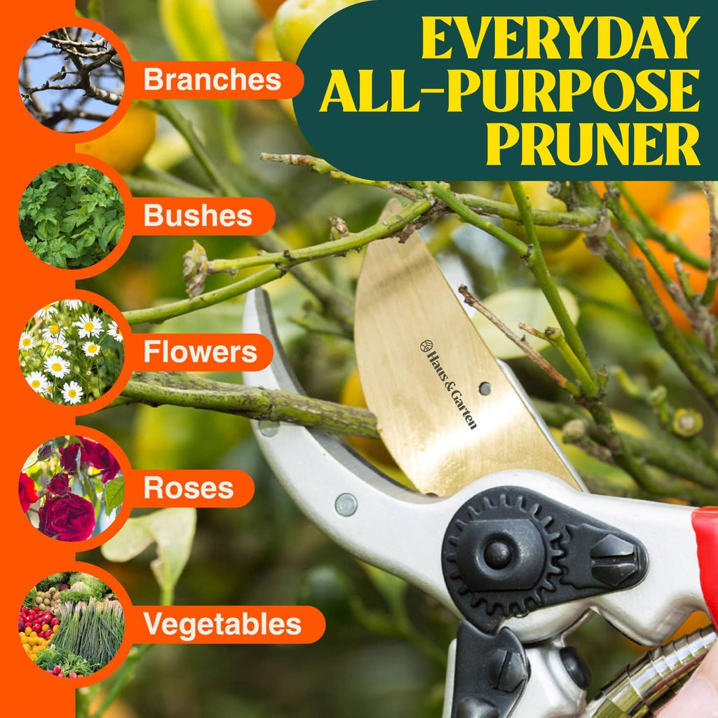 All-purpose hand pruner with gold blade, black gear wheel, and red handle