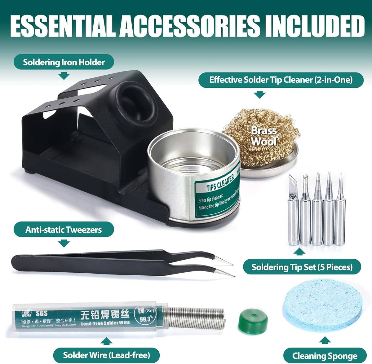 Soldering accessory set with iron holder, tip cleaner brass wool, anti-static tweezers, solder wire, sponge