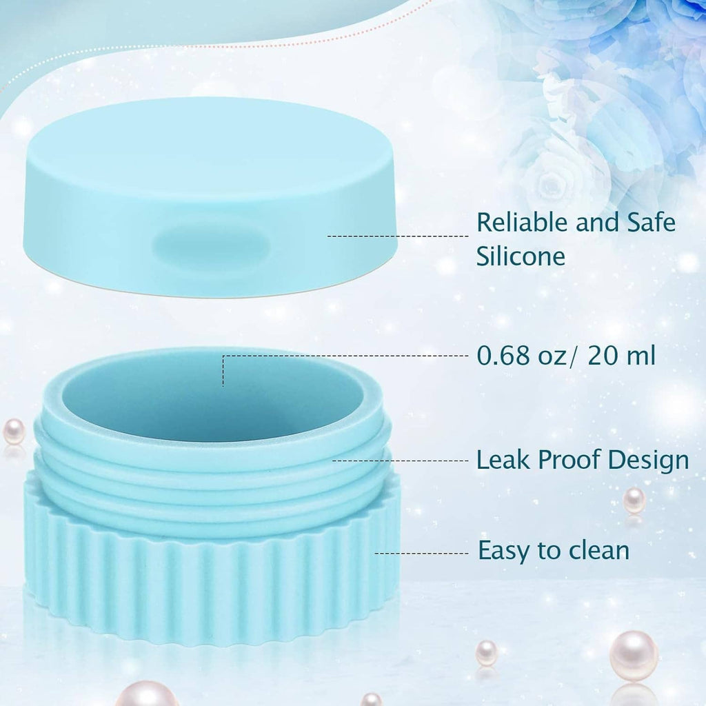 Light blue silicone cream jar with snap lid, plus open container for travel use