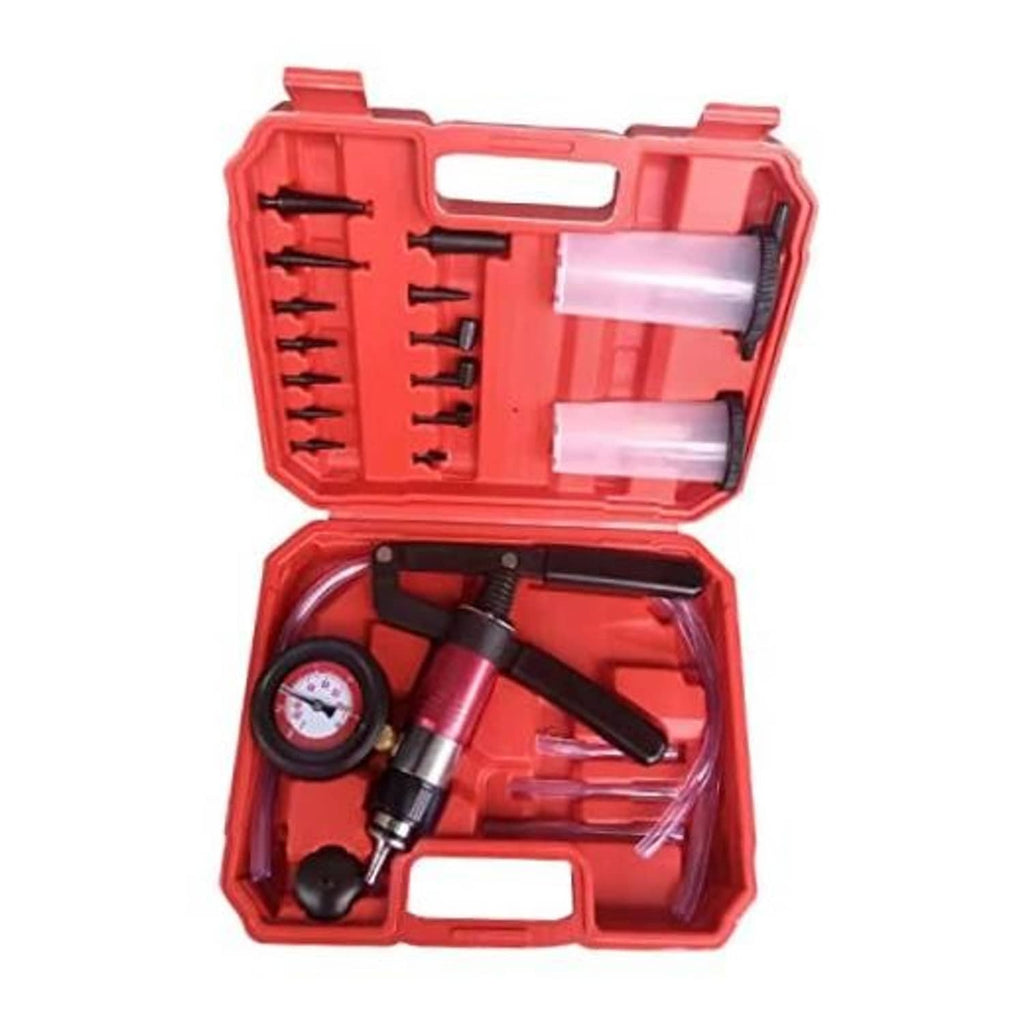Red brake bleeding tool kit case with pressure gauge, pump, and adapter set