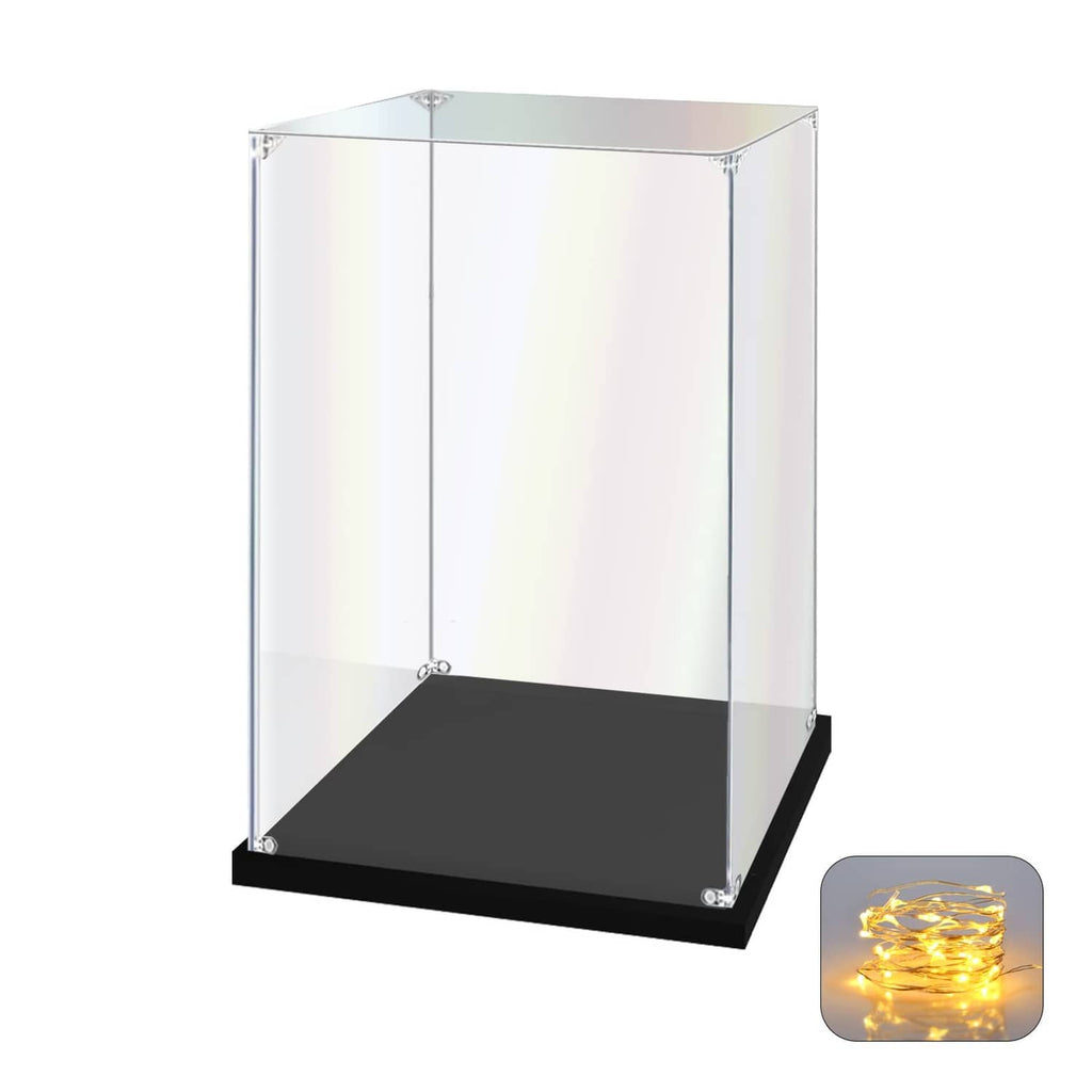 Clear acrylic display case for collectibles, transparent walls, black base