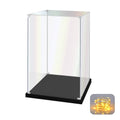Clear acrylic display case for collectibles, transparent walls, black base