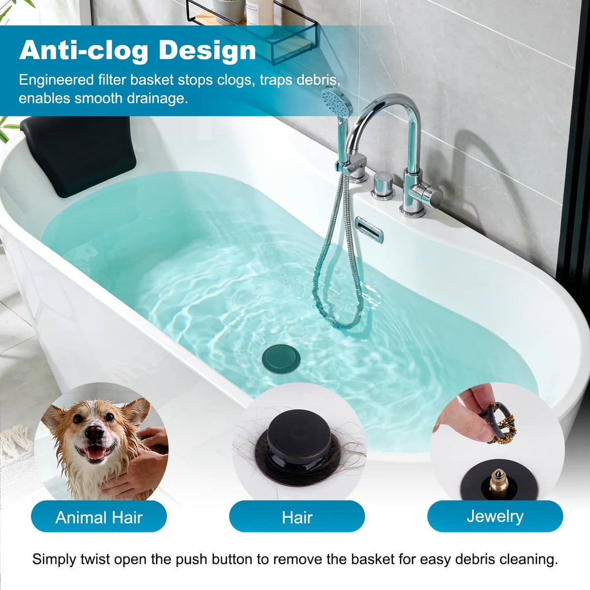 Black bathtub drain stopper with anti-clog filter basket inserted in the drain opening