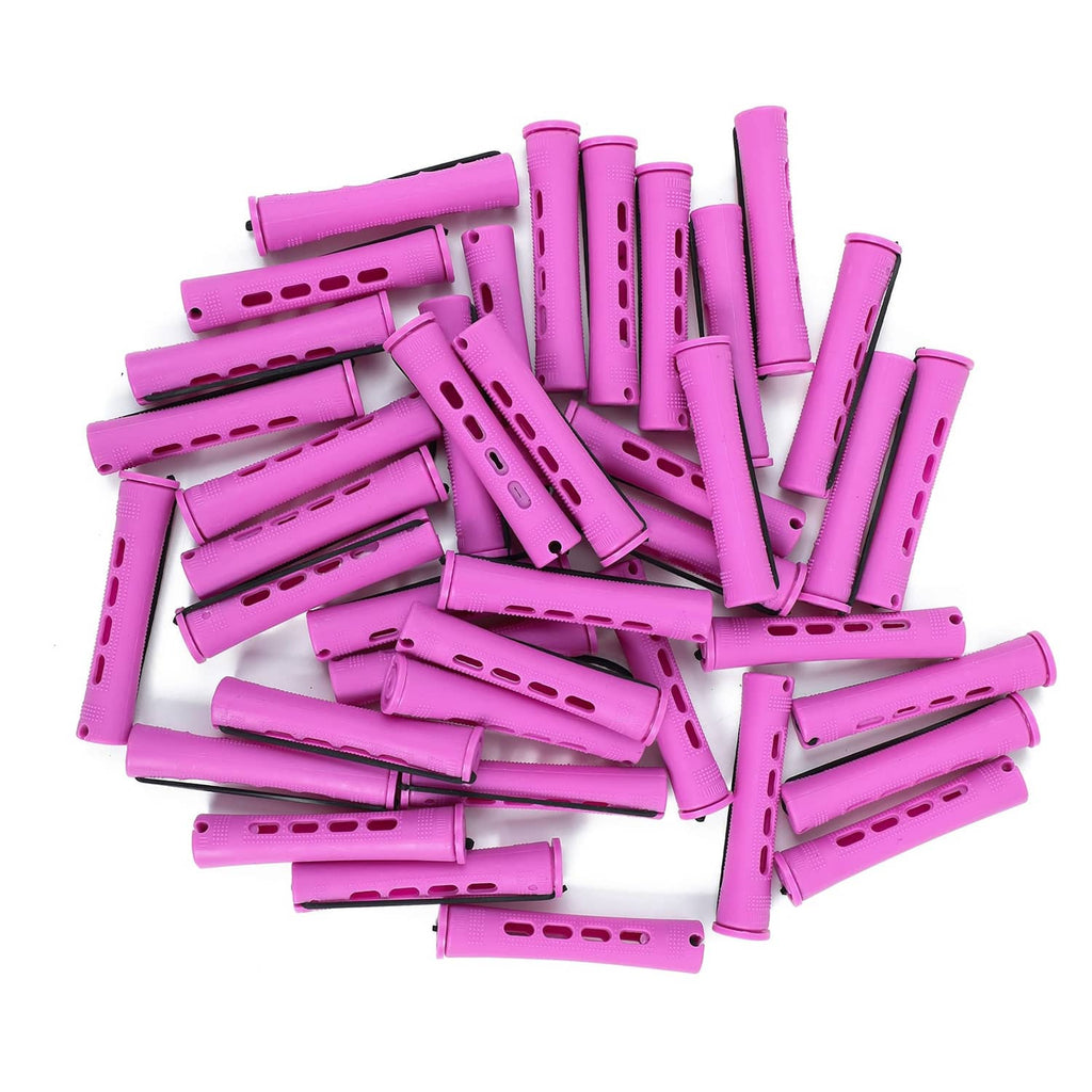 Pack of 20 purple hair perm rods, loose rollers arranged on a white background