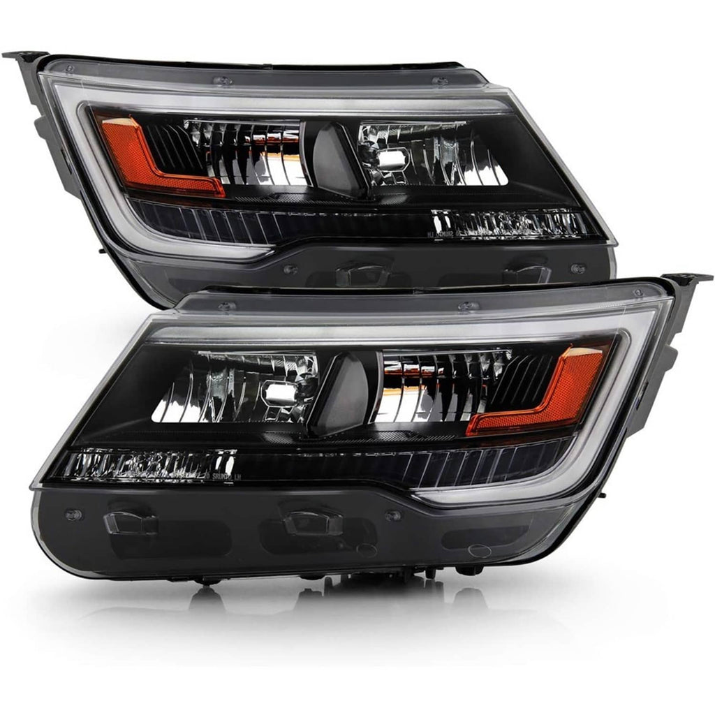 Two headlight assemblies with clear lens covers, amber side markers, black housings and chrome trim