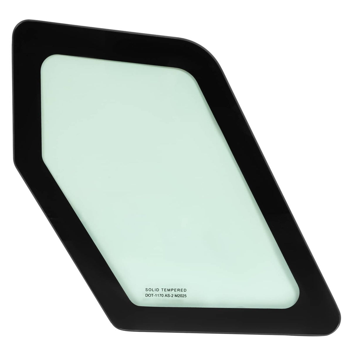 Cab window glass panel with black frame and light green tinted glass, printed markings