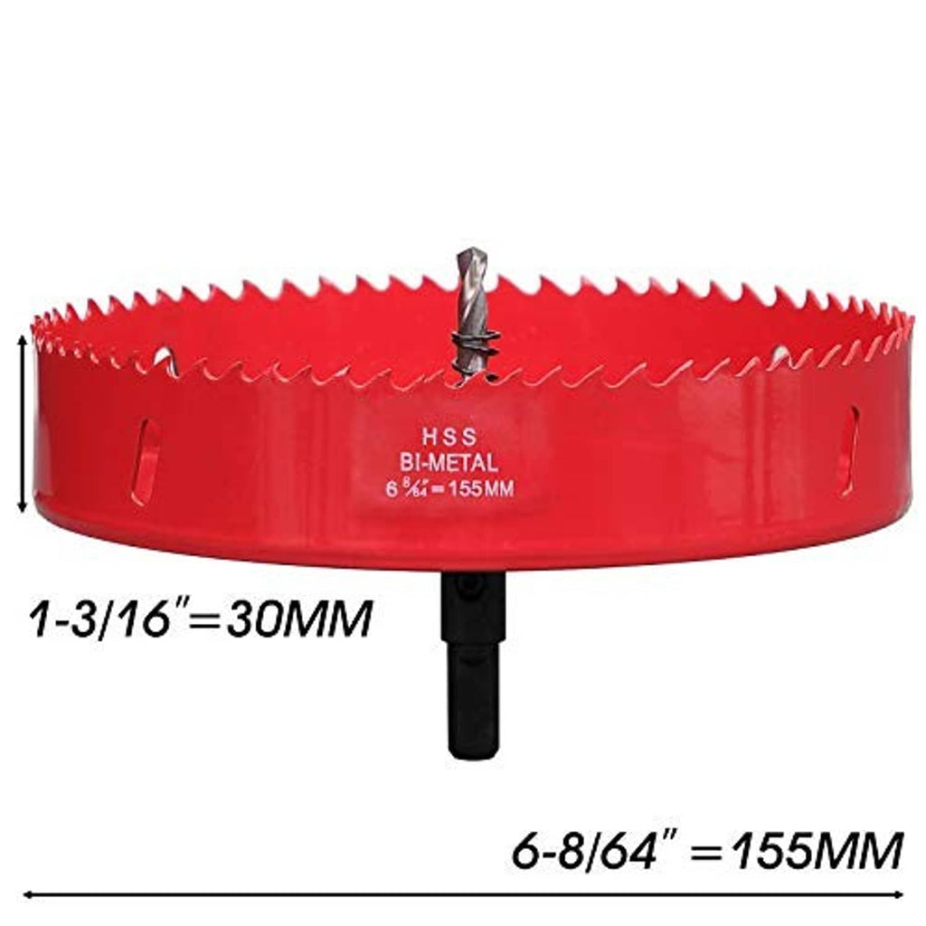 Red HSS bi-metal hole saw with 30mm and 155mm size labels and pilot bit.