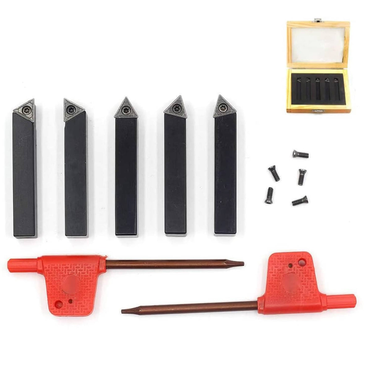 Set of black 5/16-inch indexable lathe tool holders with screws and red handle wrench