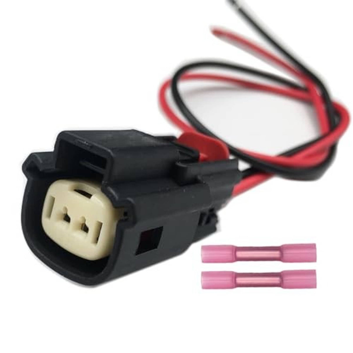 Fog light wiring harness plug with pin socket, black housing, red/black leads, terminal sleeves