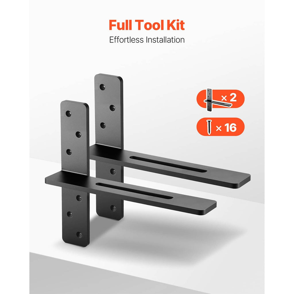 Two matte black floating shelf brackets with long slotted arms and mounting holes, angled view.