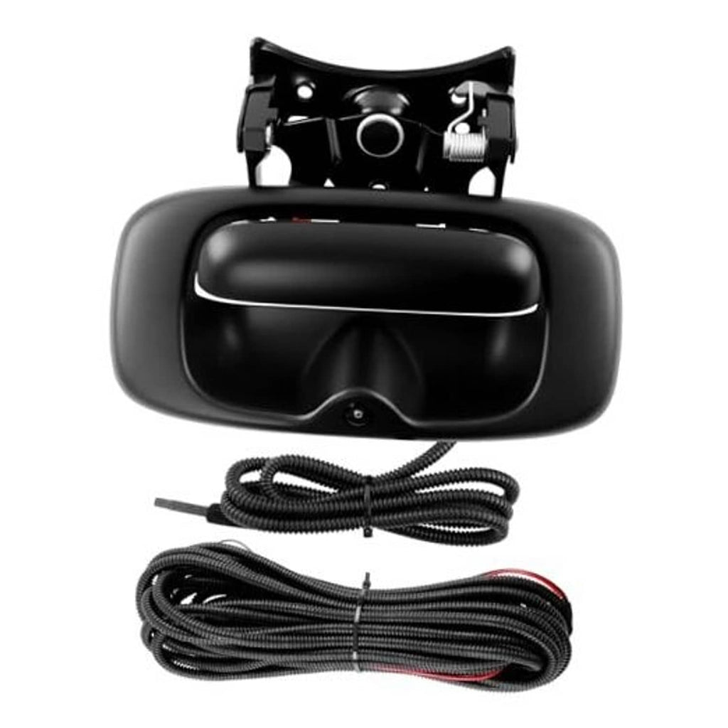 Black tailgate handle with integrated backup camera and mounting bracket