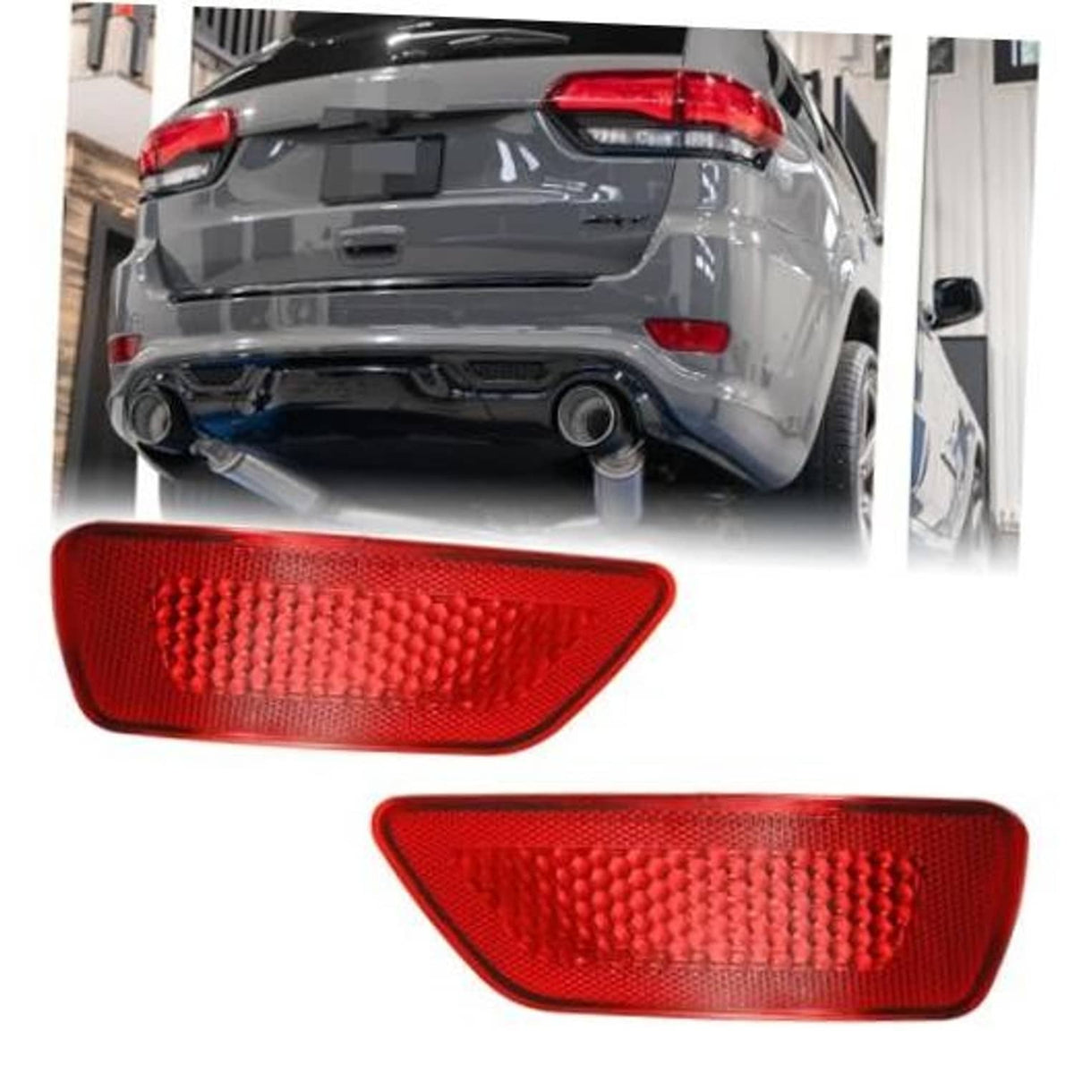 Pair of red rear bumper reflector light covers with textured lens pattern