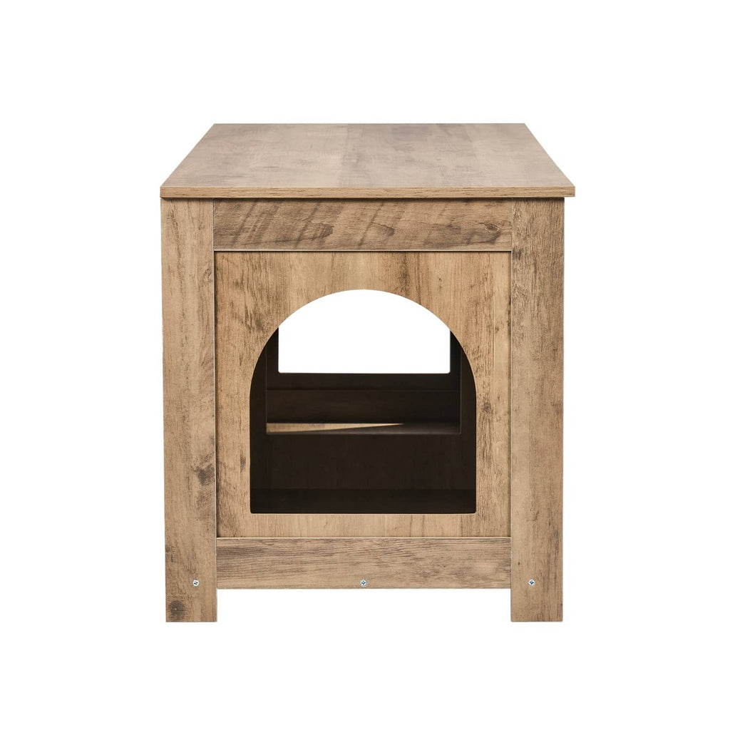 Wooden cat litter box enclosure cabinet with arched front opening and top access