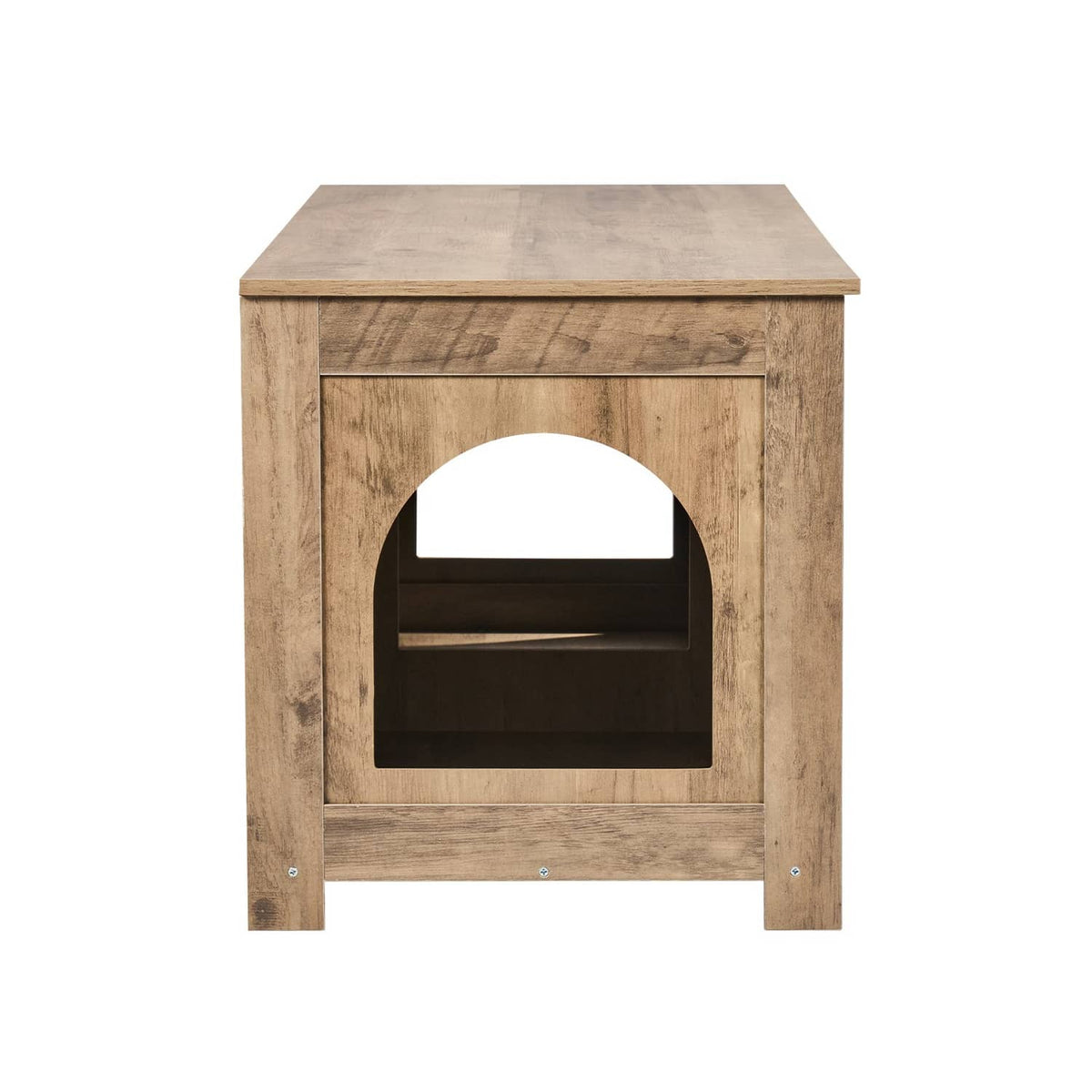 Wooden cat litter box enclosure cabinet with arched front opening and top access