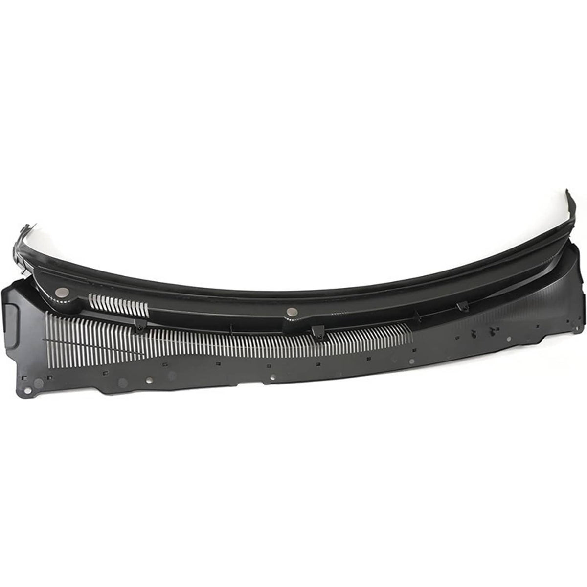 Curved black wiper cowl cover panel with vent grille, clips, and side mounting points