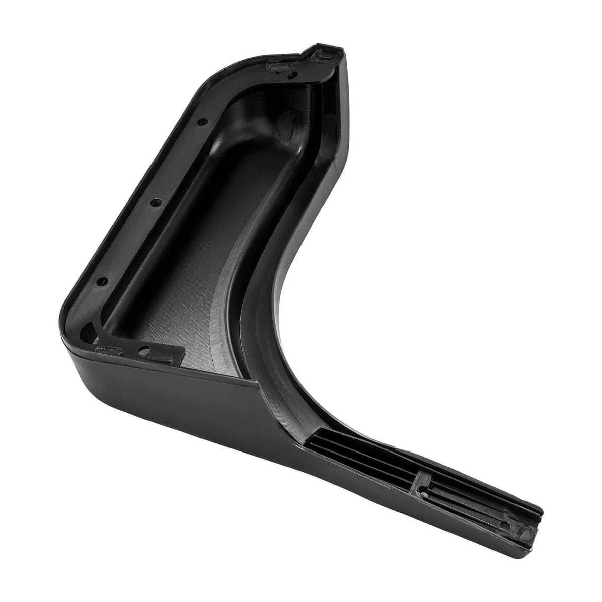 Black left golf cart fender cap, angled view with recessed channel and bracket area