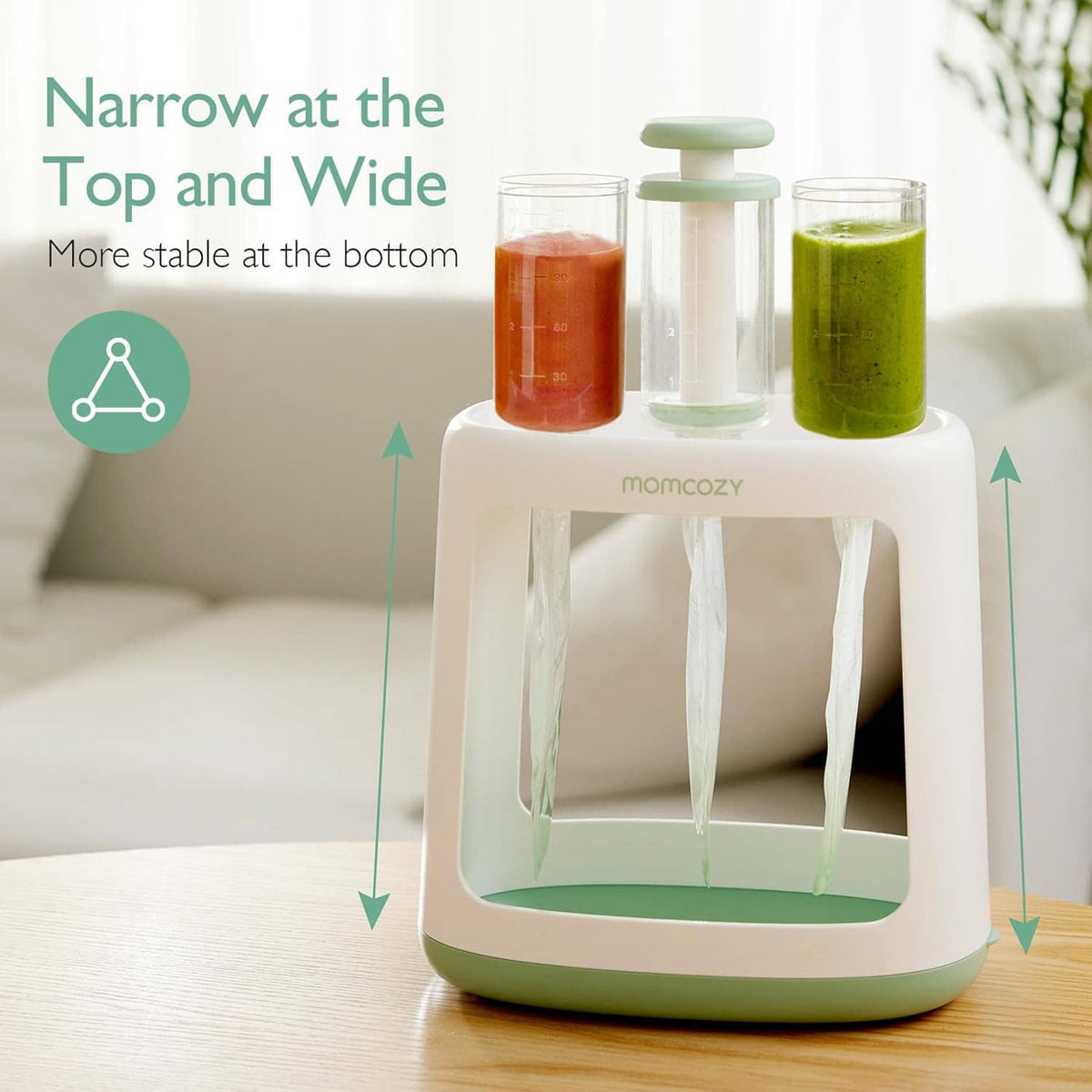 Baby food pouch filler squeeze station with three puree cups on a wide base