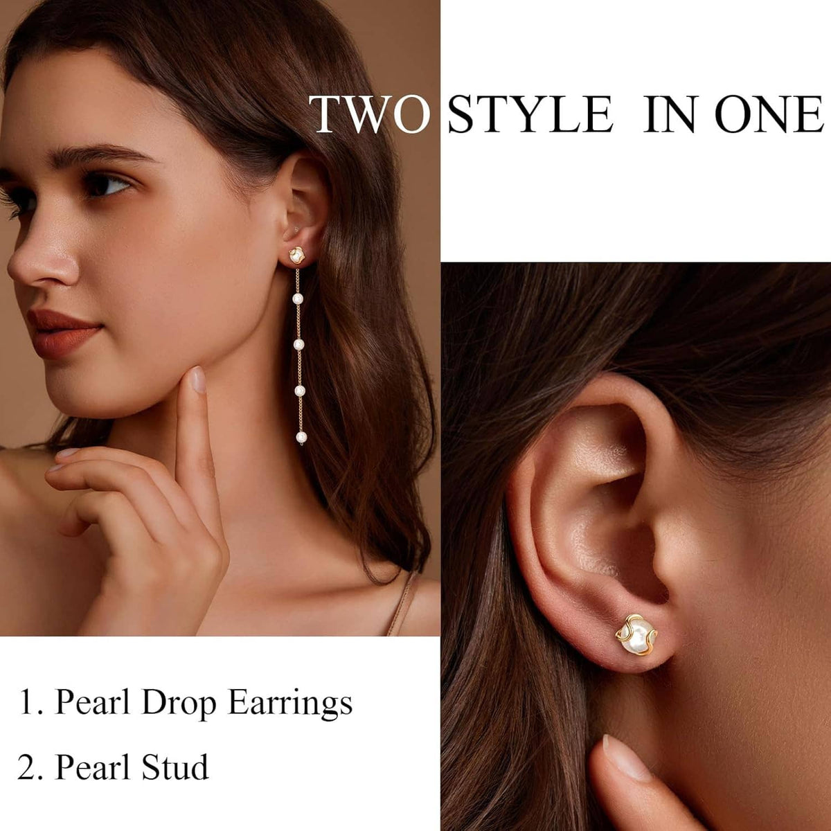 Two-in-one pearl earrings set: long drop dangle and small pearl stud