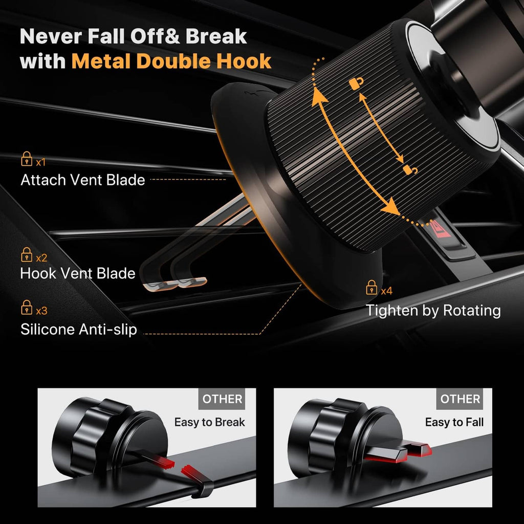 Car phone holder with double metal hook clip and anti-slip vent blade arms