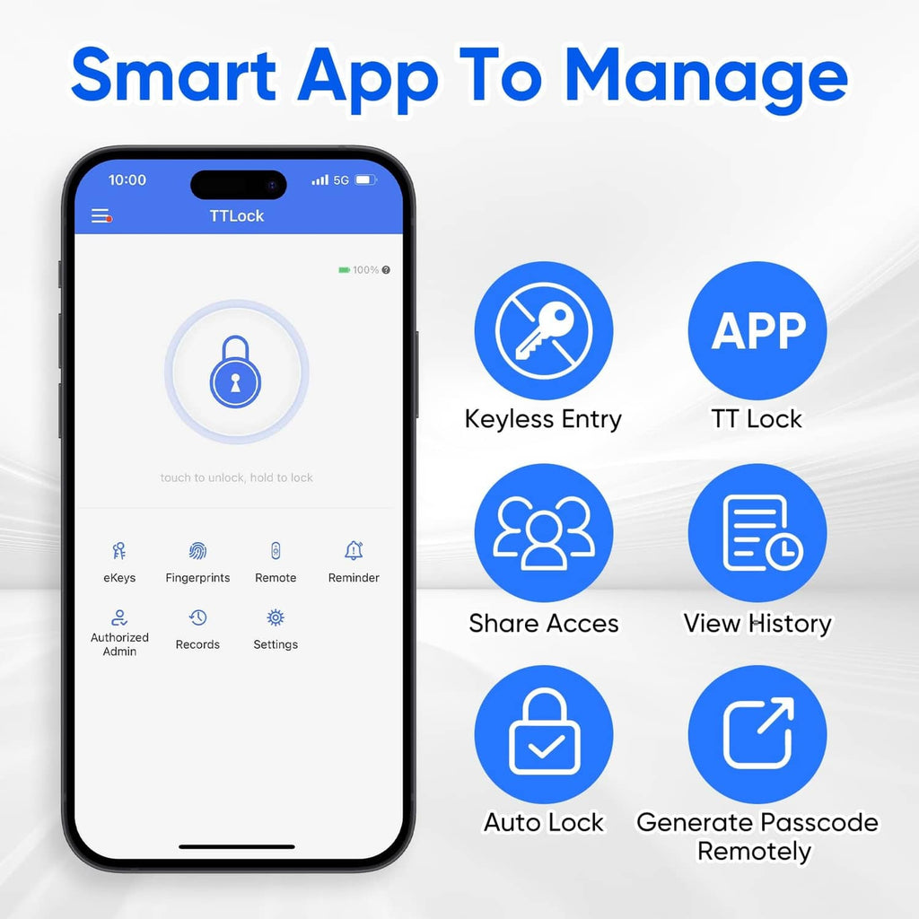 Smart door lock app control on phone display, sharing and auto-lock options shown