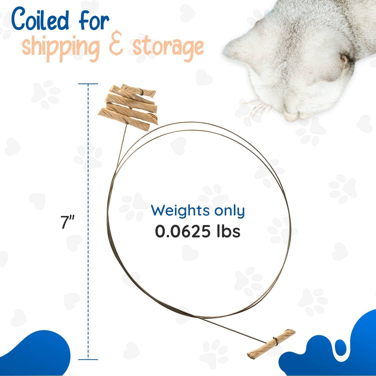 Coiled spring steel wire with paper-roll end attachment for interactive cat toy