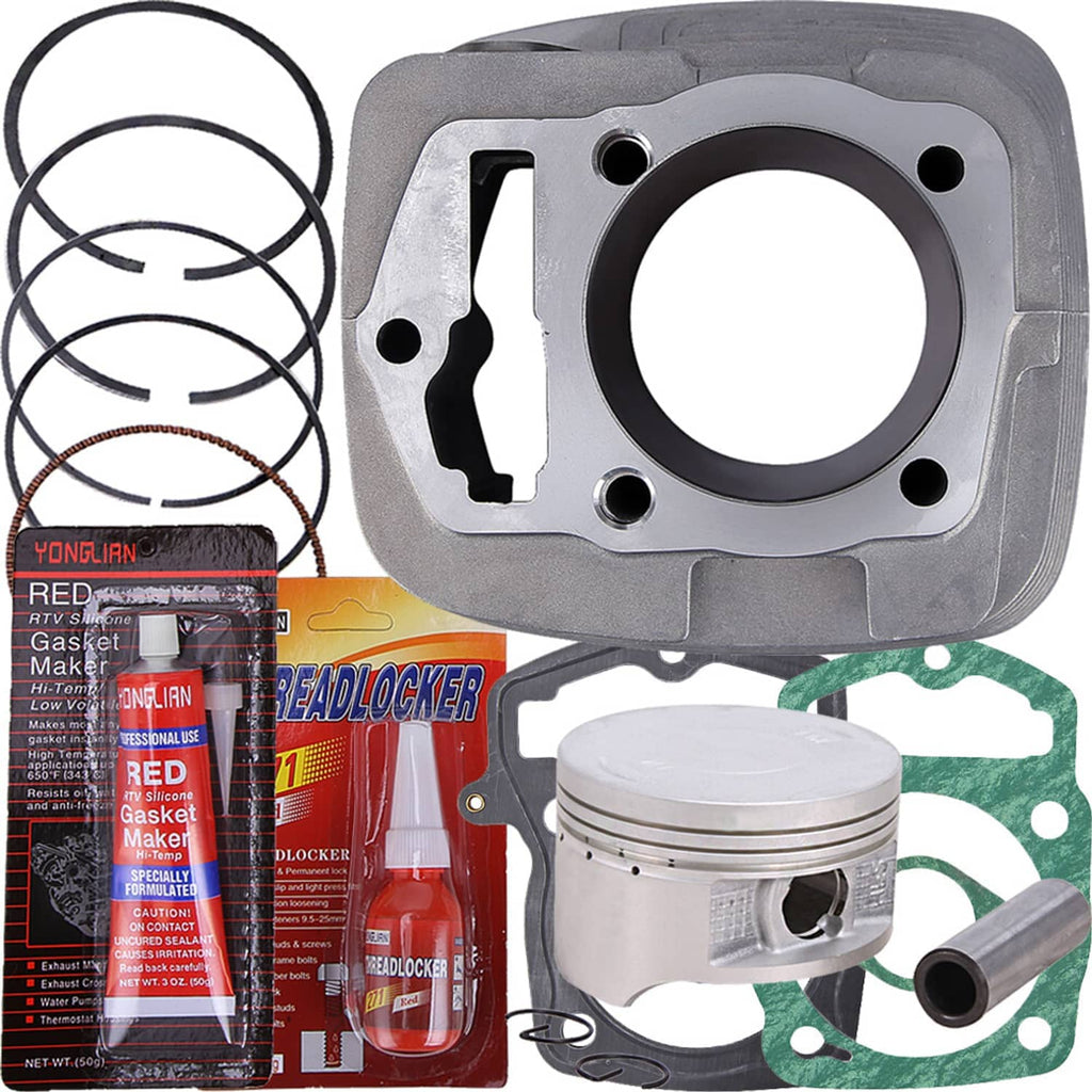 Cylinder base and gasket set with gray cylinder cover, piston rings, and green gasket