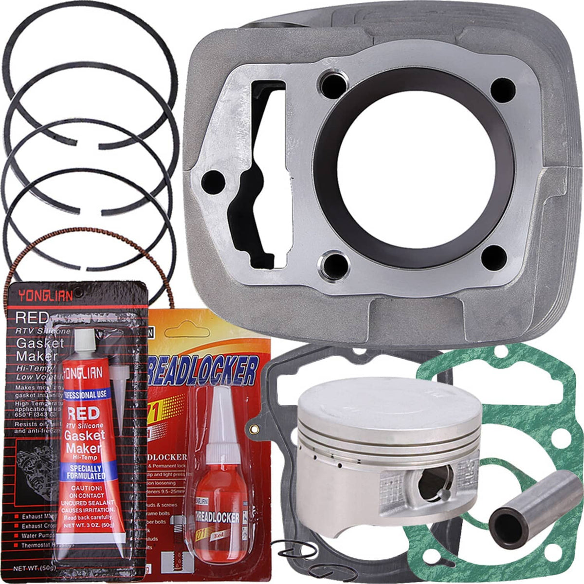 Cylinder base and gasket set with gray cylinder cover, piston rings, and green gasket